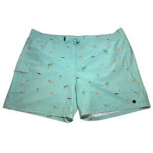 Far West Swim Shorts Mens Aqua Trunks Tropical Print Palm Trees Pockets Lined